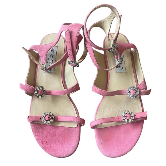Jimmy Choo 6 Naia Crystal Buckle Sandals Suede Gladiator Flats Flamingo Pink 36 - Picture 8 of 10
